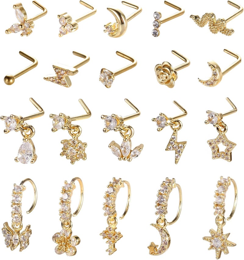 SAMOCO 20Pcs 20G Dangle Nose Ring L Shaped Dangling Nose Stud for Women Stainless Steel Nose Ring Studs CZ Flower Dangle Nose Rings Hoops Nose Piercing - Image 1